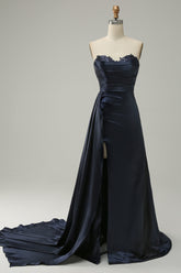 A-Linie Herzausschnitt Marine Langes Ballkleid mit Schlitz